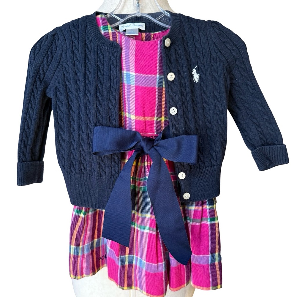 NWT Polo by Ralph Lauren Baby Pink Plaid Dress with Navy Cardigan 9 Months